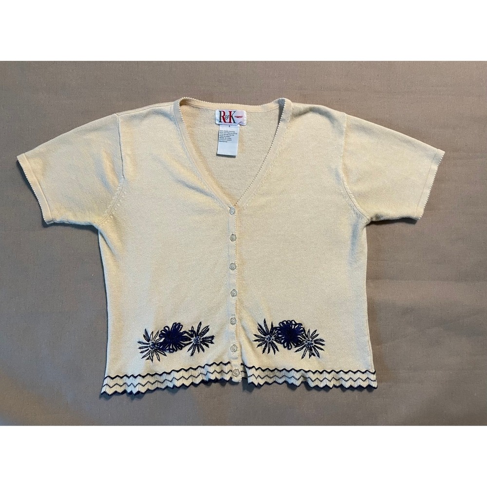 Vintage 90s R&K Originals Cardigan Sweater Size 8 Cream Embroidered Grandmacore - Picture 2 of 9